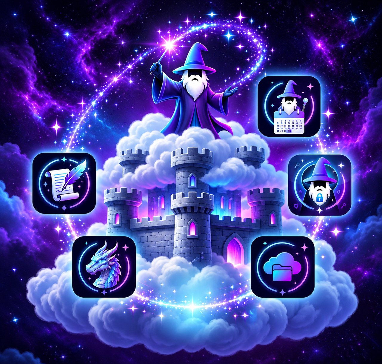 Wizard casting above a cloud castle with Fortress app icons shimmering around